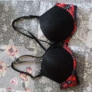 Victoria's Secret Bombshell Padded & Lined Lacy Push-Up Bra, Black/Plaid. 36B.